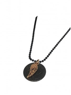 Κολιέ χειροποίητο γυναικείο μαύρος δίσκος φτερό 