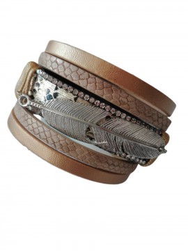 Γυναικείο μοντέρνο δερμάτινο βραχιόλι φτερό gold