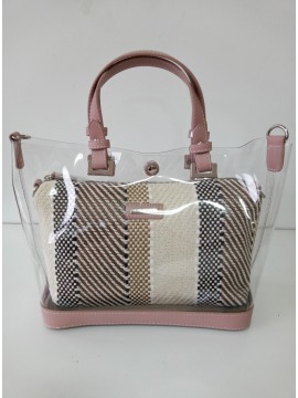 Γυναικεία τσάντα χειρός ροζ διάφανη διπλή 