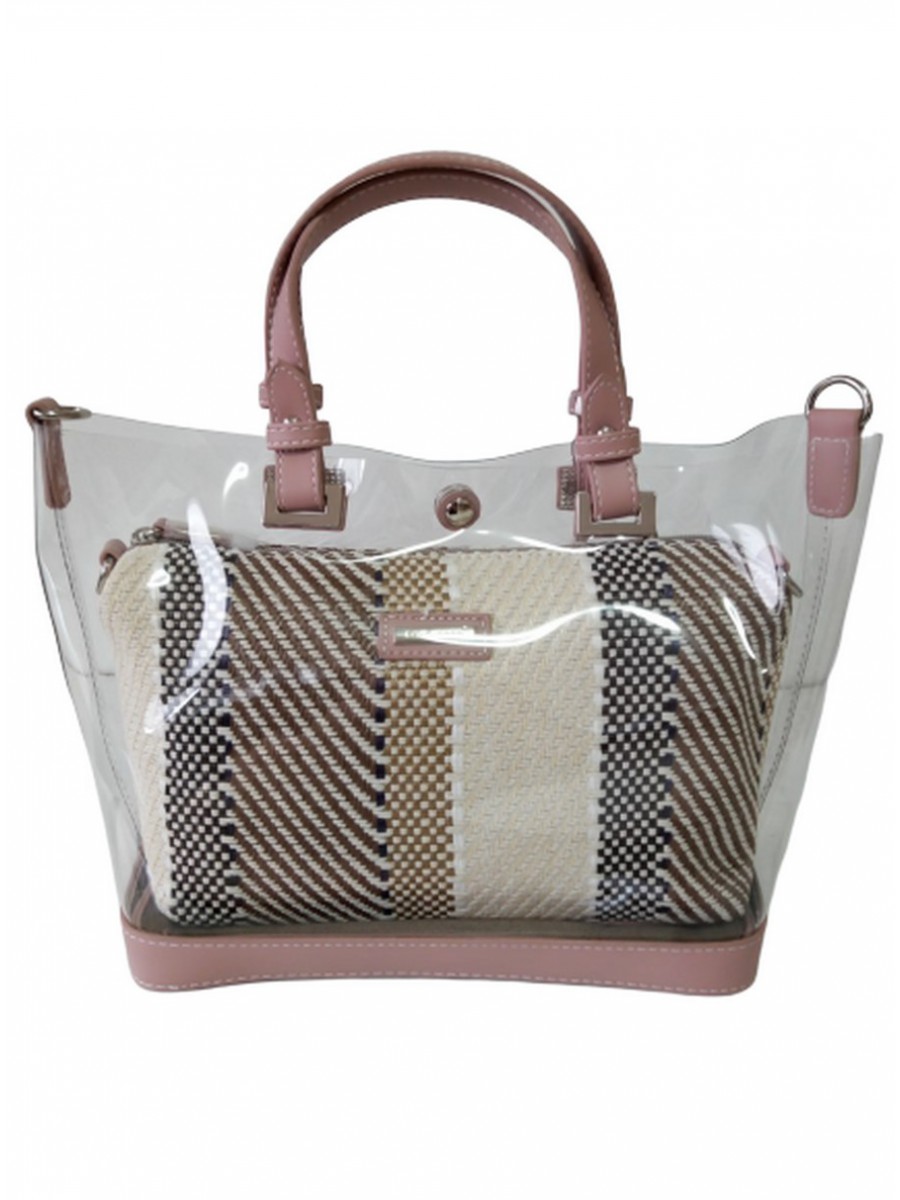 Γυναικεία τσάντα χειρός ροζ διάφανη διπλή 