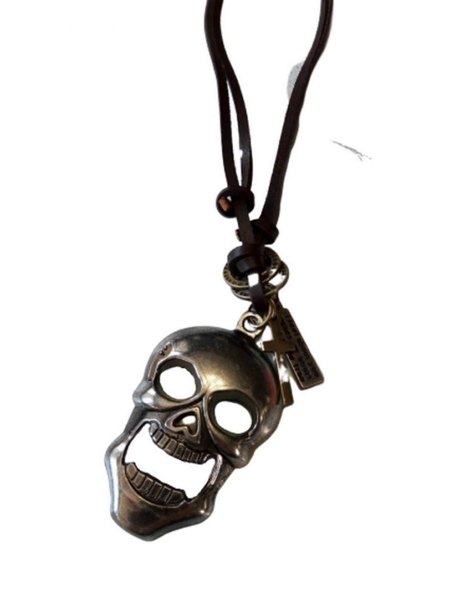 Ανδρικό νεανικό κολιέ με δέρμα και μέταλλο Skull